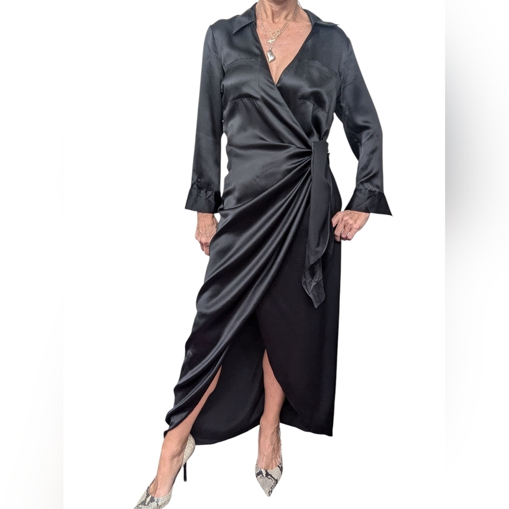 L’AGENCE Silk Wrap Midi Dress 4 Black Draped Slit Quiet Luxury